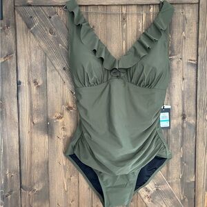 DKNY Olive Green Ruffle One Piece Swimsuit